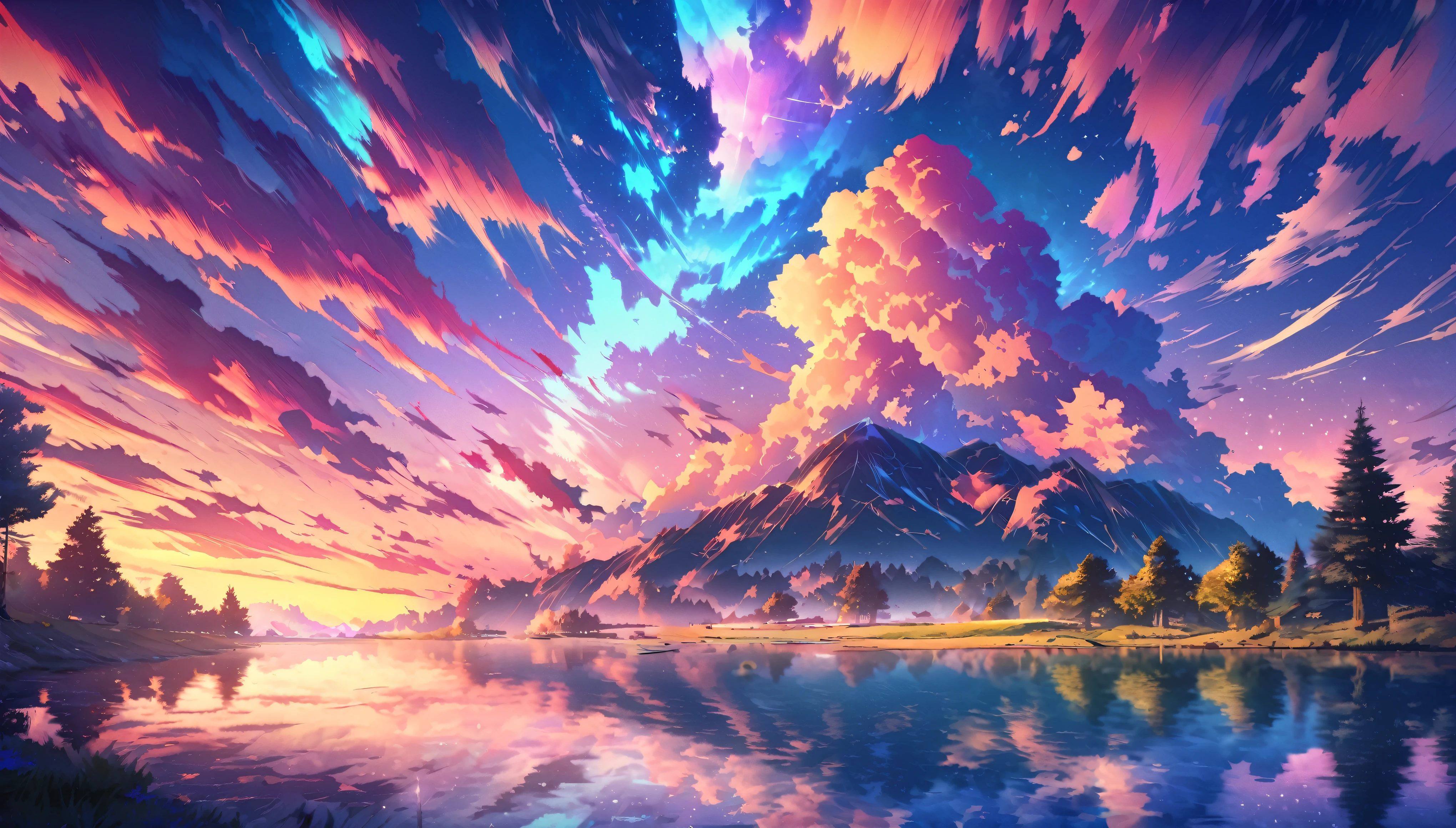 there is a beautiful sunset with a lake and trees in the background, colorful skies, surreal colors, colorful sunset, colorful sky, marvellous reflection of the sky, stunning sky, dream like atmosphere 8k, colorful clouds, colors reflecting on lake, surreal sky, red and blue reflections, fire reflection, beautiful sky, beautiful and spectacular dusk, beautiful dreamy landscape, amazing sky
