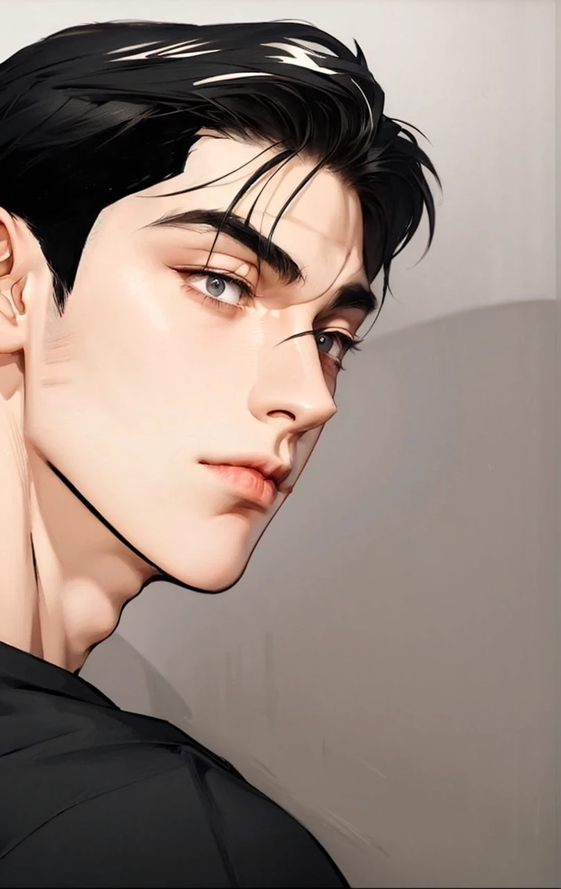 4k, high resolution, best quality, masterpiece, perfect color, perfect shade, perfect lighting, Posted by e621, ((portrait)), ((handsome man)), perfect male figure, Short hair details，chest muscles realistic，abdominal muscles realistic，Naked torso realistic,  Detailed face, perfect face, Black clothes, (stood up), Detailed background, ((Bonifasco Lighting)), (black eyes),(), black hair,