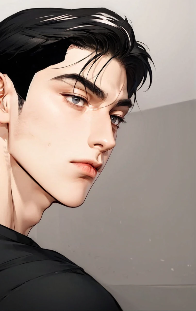 4k, high resolution, best quality, masterpiece, perfect color, perfect shade, perfect lighting, Posted by e621, ((portrait)), ((handsome man)), perfect male figure, Short hair details,chest muscles realistic,abdominal muscles realistic,Naked torso realistic, Detailed face, perfect face, Black clothes, (stood up), Detailed background, ((Bonifasco Lighting)), (black eyes),(), black hair,
