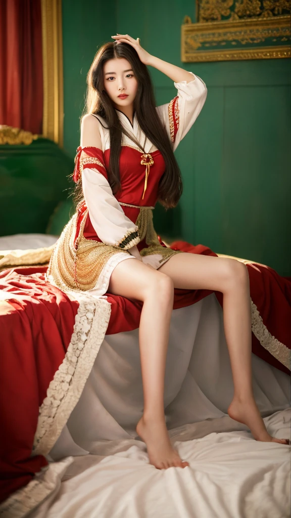 19 year old girl with long hair,Wearing red han clothes,At the Palace、Sit on the bed