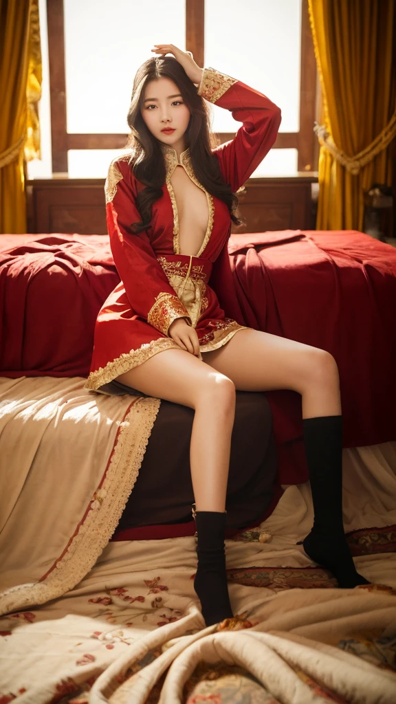 19 year old girl with long hair,Wearing red han clothes,At the Palace、Sit on the bed