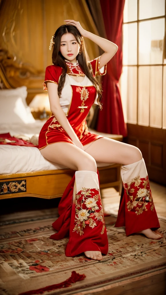 19 year old girl with long hair,Wearing red han clothes,At the Palace、Sit on the bed