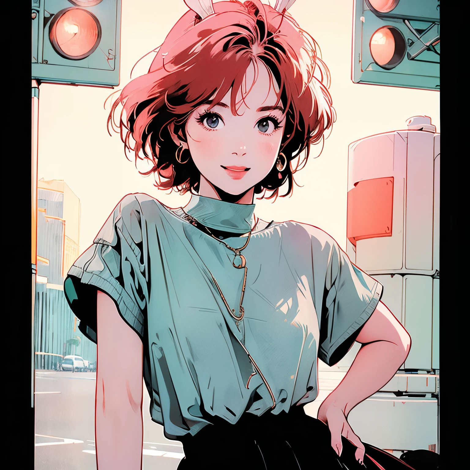 whole body、1 female、4k、White short sleeve blouse、skirt、pedestrian crossing、Signal 、intersection、Complex background、Detailed Hair、smile、pale red hair、Faint lighting、Rabbit Ears
