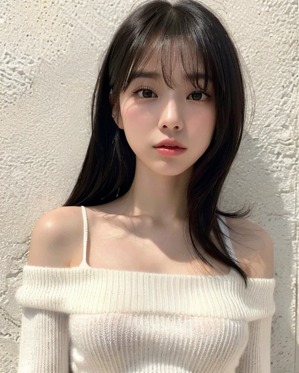(Highly realistic photos, concentrate、High resolution, Detailed face, Detailed Hair,fine grain), ((Shooting in front of a wall))、Japanese women, 20-year-old, various expressions, Upper Body、alone:1, Slim figure,((Wear a revealing white knit top))、Only one person is in the photo、Natural look、(Light bangs、Long Hair、Black Hair,)