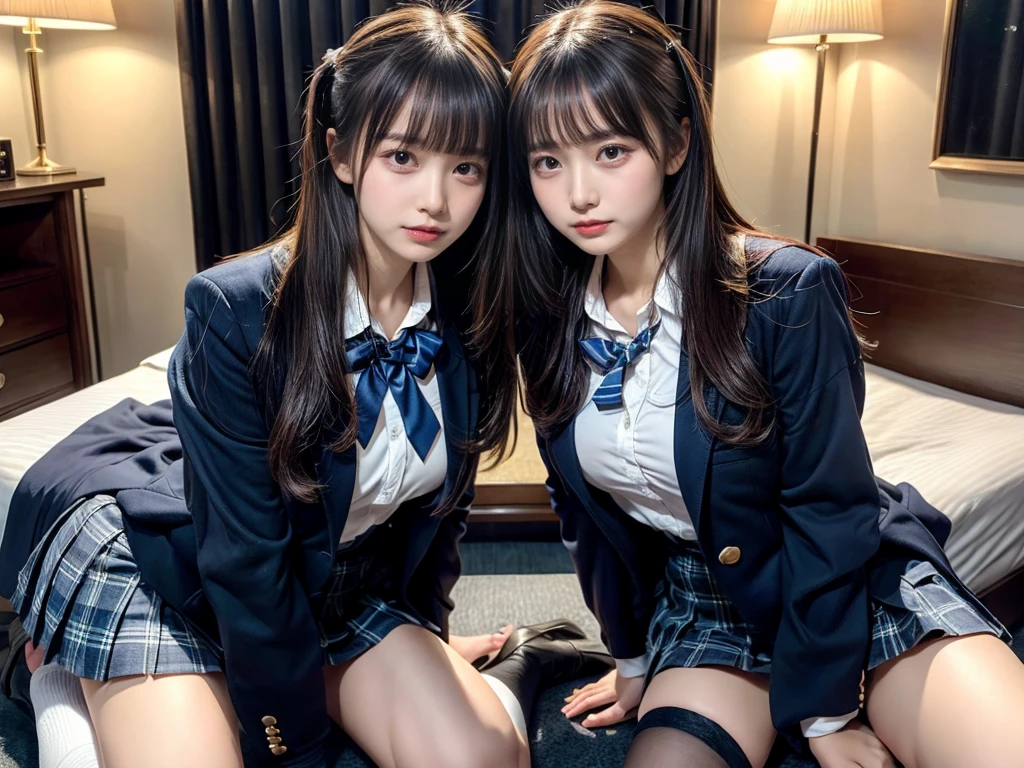 (8K, Raw photography, top-quality, masterpiece:1.2), master piece, best quality, illustration, Super detailed, fine details, High resolution, 8K,wall paper, perfect dynamic composition,(Details High quality, realistic depiction of eyes:1.3), ((2 girls, 2 schoolgirls)), The background is a luxury hotel room、High school girl uniform、blazer 、Super Short Check Uniform Skirt、Navy blue high socks、garterbelts、Colossal tits、Disturbed uniform, Play with each other,Touching each other's bodies,Touching the body of the girl next door, short bob hair, black hair color, huge breasts, Big Natural Color Lip, bold sexy pose, (perfect body shape), crying a little、cold gaze, Beautiful makeup,glitter makeup,Cutest 18 years old, beautiful legs, hposing Gravure Idol, Voluptuous thighs