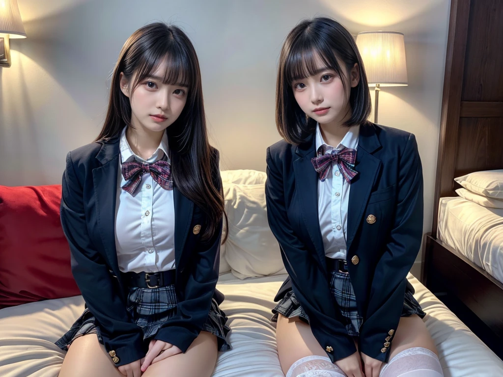 (8K, Raw photography, top-quality, masterpiece:1.2), master piece, best quality, illustration, Super detailed, fine details, High resolution, 8K,wall paper, perfect dynamic composition,(Details High quality, realistic depiction of eyes:1.3), ((2 girls, 2 schoolgirls)), The background is a luxury hotel room、High school girl uniform、blazer 、Super Short Check Uniform Skirt、Navy blue high socks、garterbelts、Colossal tits、Disturbed uniform, Play with each other,Touching each other's bodies,Touching the body of the girl next door, short bob hair, black hair color, huge breasts, Big Natural Color Lip, bold sexy pose, (perfect body shape), crying a little、cold gaze, Beautiful makeup,glitter makeup,Cutest 18 years old, beautiful legs, hposing Gravure Idol, Voluptuous thighs
