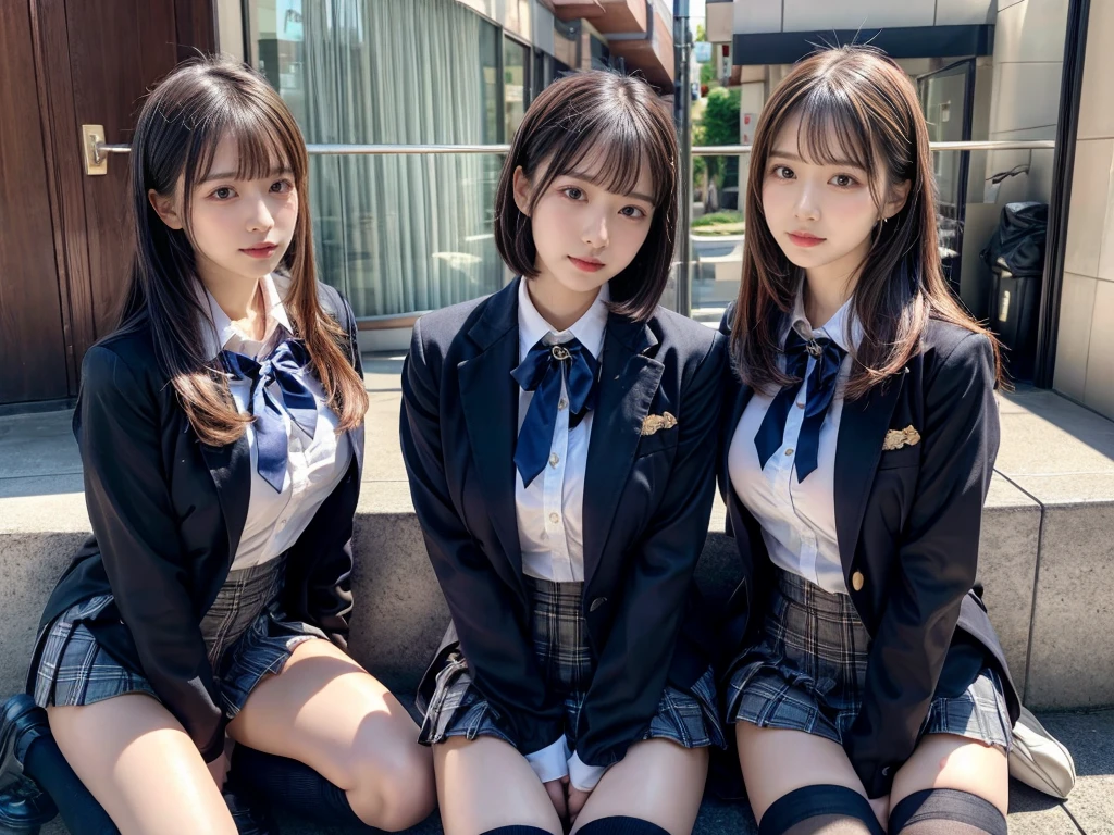 (8K, Raw photography, top-quality, ​masterpiece:1.2), master piece, best quality, illustration, Super detailed, fine details, High resolution, 8K,wall paper, perfect dynamic composition,(Details High quality, realistic depiction of eyes:1.3), ((2 girls, 2 schoolgirls)), The background is a luxury hotel room、High school girl uniform、blazer 、Super Short Check Uniform Skirt、Navy blue high socks、garterbelts、Colossal tits、Disturbed uniform, Play with each other,Touching each other's bodies,Touching the body of the girl next door, short bob hair, black hair color, huge breasts, Big Natural Color Lip, bold sexy pose, (perfect body shape), crying a little、cold gaze,  Beautiful makeup,glitter makeup,Cutest 18 years old, beautiful legs, hposing Gravure Idol, Voluptuous thighs