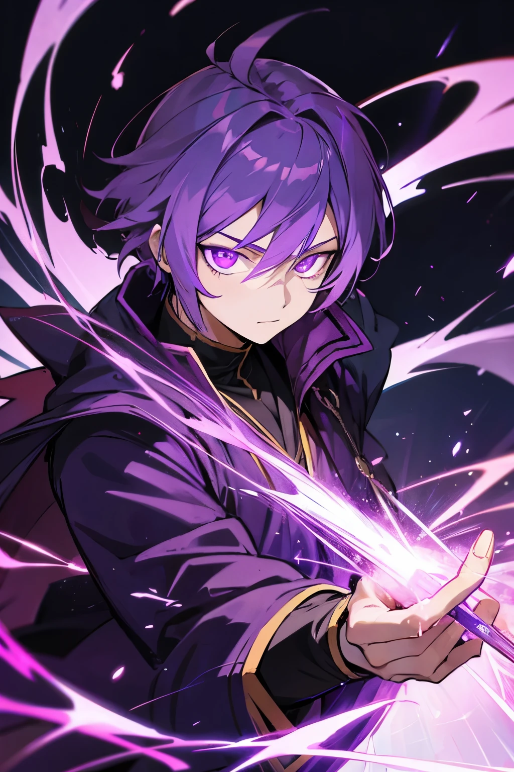 anime man, purple hair, purple eyes, glowing eyes, mage robes, wizard