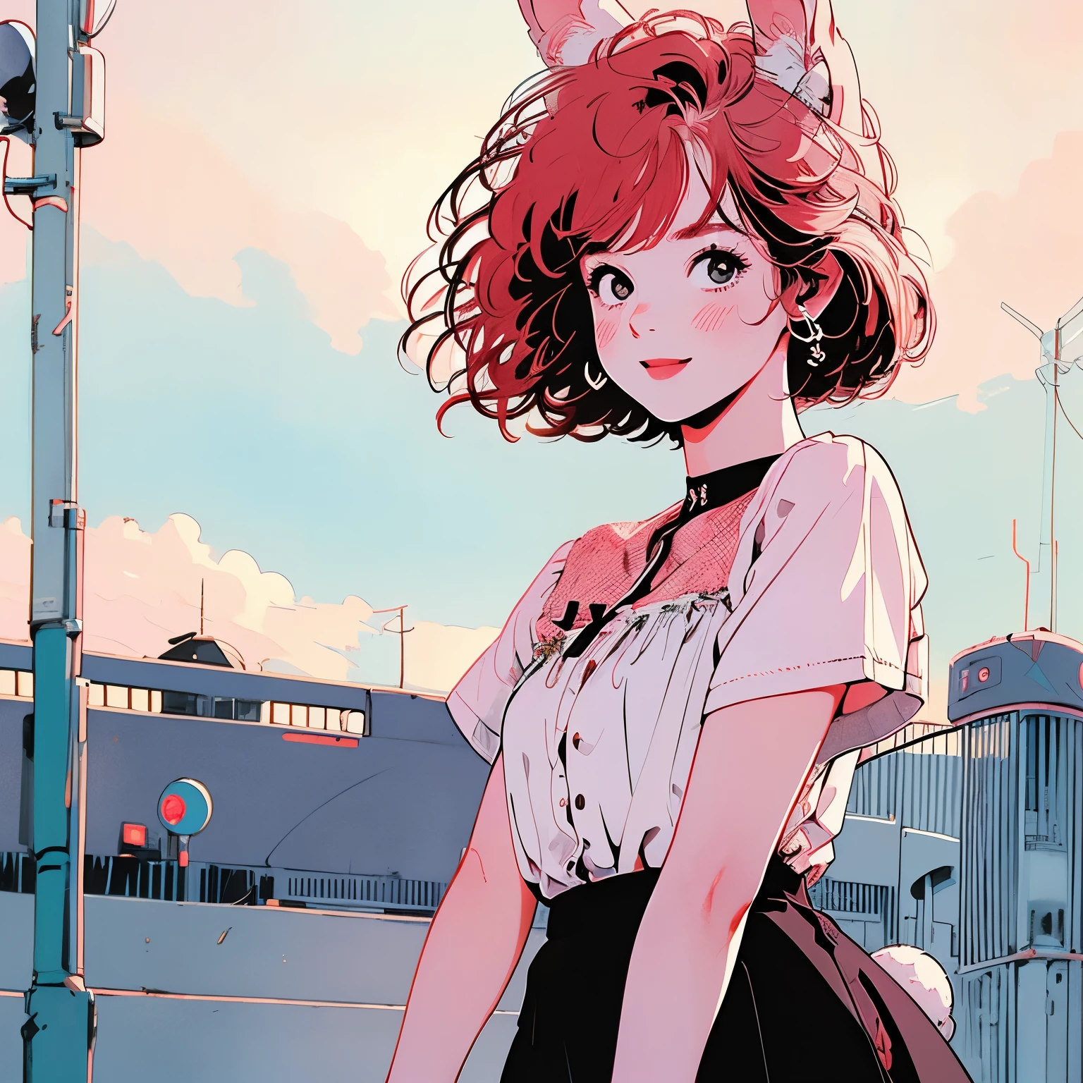 whole body、kind、cute、1 female、4k、White short sleeve blouse、skirt、pedestrian crossing、Signal 、intersection、Complex background、Detailed Hair、smile、pale red hair、Faint lighting、Rabbit Ears