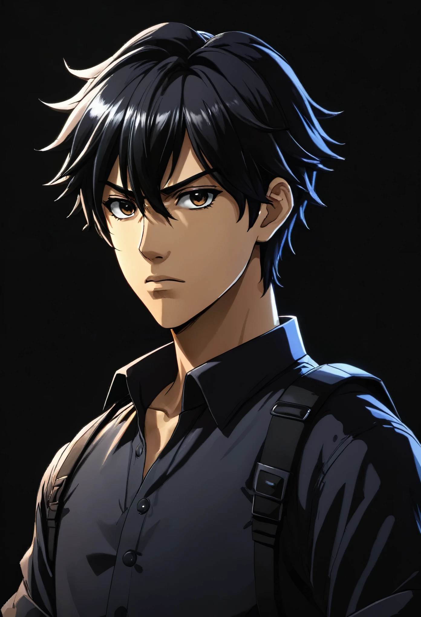 Desenhe um personagem de anime jovem e moreno com cabelos curtos e espetados, vestindo um sobretudo preto, standing against a dark background, with a serious expression.