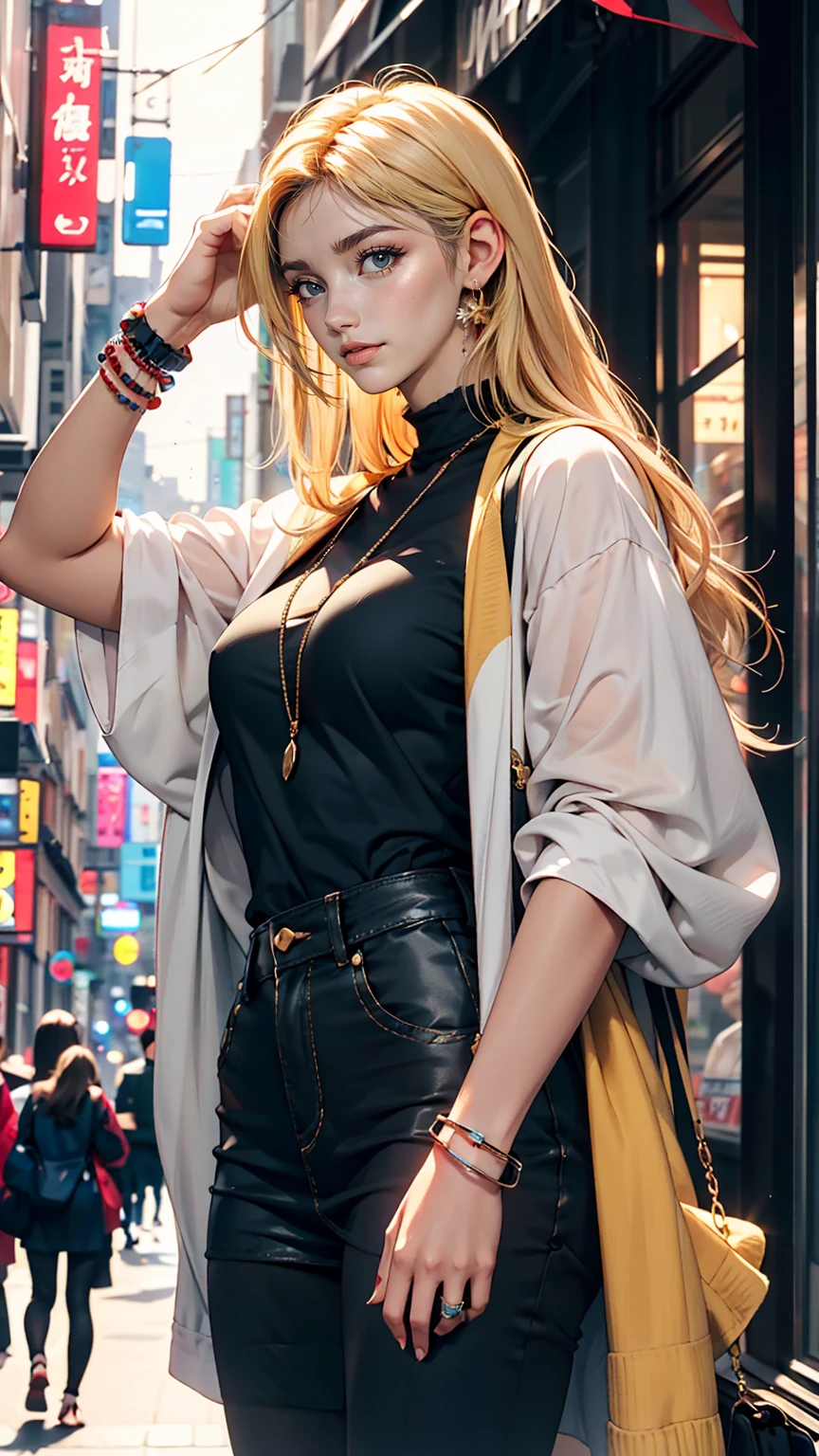 22 year old Caucasian female、hair color is blonde、blue eyes、Long Hair、Straight hair、Wrist Accessories、I&#39;チョーカーをつけているI、The skin is smooth、Laughter、A slim but muscular body、My heart is pounding、Laughter、Wearing a skater dress、Wearing red high heels、I&#39;Sitting on the city steps, Place your chin on your chin、Grin((A light smile ))