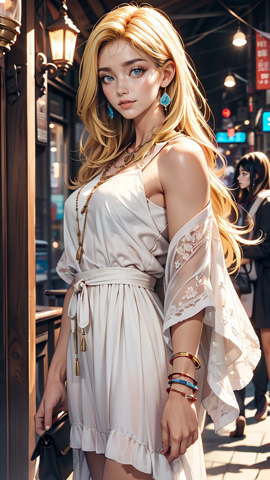 22 year old Caucasian female、hair color is blonde、blue eyes、Long Hair、Straight hair、Wrist Accessories、I'チョーカーをつけているI、The skin is smooth、Laughter、A slim but muscular body、My heart is pounding、Laughter、Wearing a skater dress、Wearing red high heels、I'Sitting on the city steps, Place your chin on your chin、Grin((A light smile ))