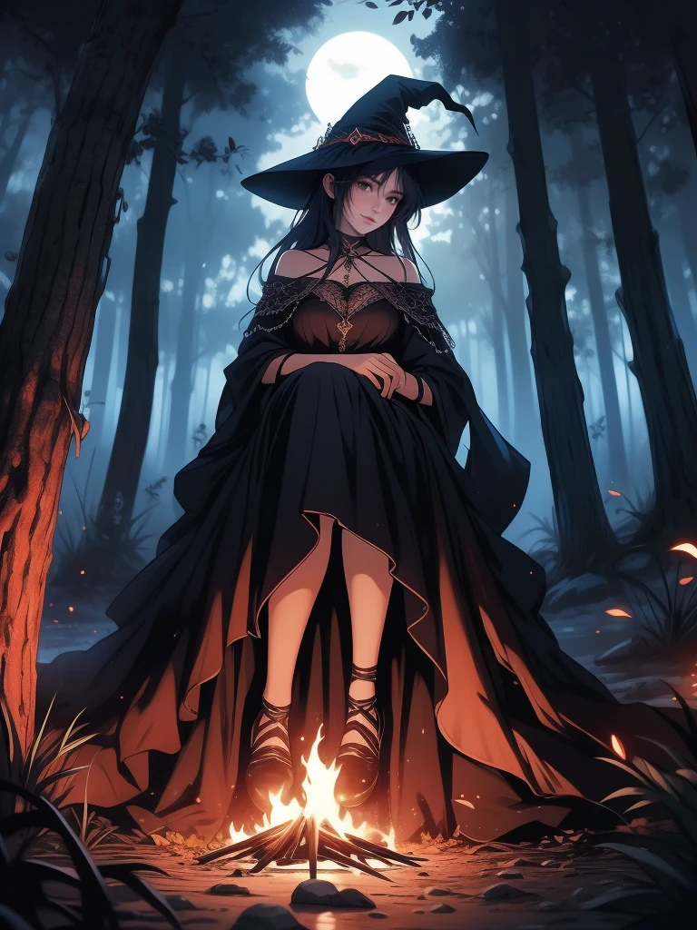 highest quality,　Best image quality,　masterpiece,　1 Female, mature woman, shandy, witch, (witchの大きな帽子:1.2), Alluring, kindly smile, night, (Dark Forest:1.2), bonfire, Sitting