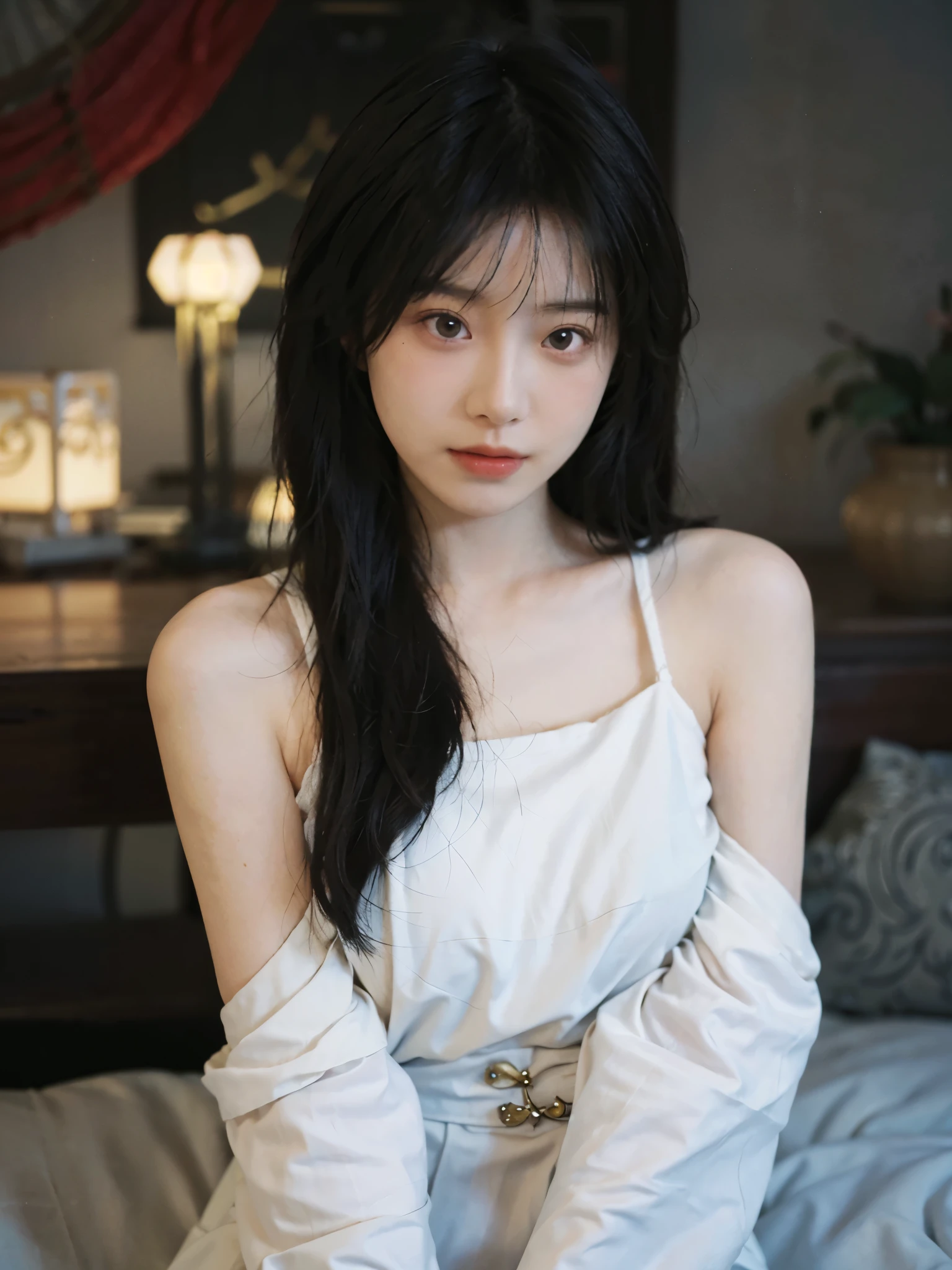 Film portrait photography, 2 girls, bare shoulders, Shoulder length wavy hair, Snow-white cheongsam,(Realistic and detailed eyes, natural skin texture, Realistic facial details),, depth of field, Bokeh, Vibrant details, Detailed and detailed, Surrealism, 35mm film, hazy, ,self-shot,