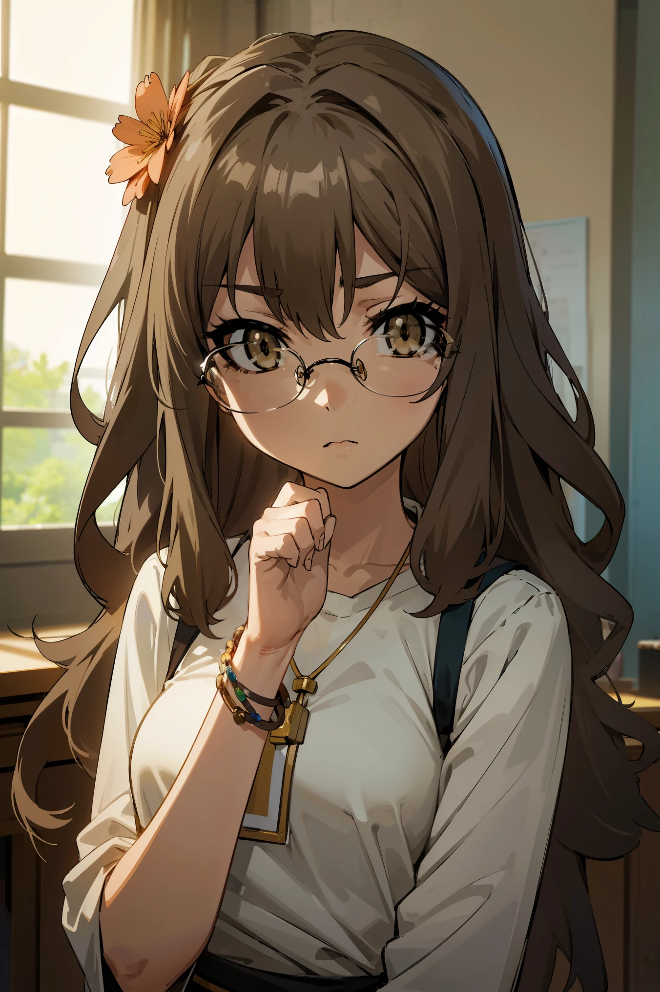 riofutaba, rio futaba, black-framed eyewear, (brown eyes:1.7), glasses, (grey hair:1.2), hair between eyes, over-rim eyewear, semi-rimless eyewear, long hair, sidelocks, 
BREAK (bracelet, flower, hair flower, hair ornament, indian clothes, jewelry, necklace, side slit:1.2),
BREAK angry looking face、Shyness、up chest、solo,、breastsout(camel's toe)、highleg,
BREAK (masterpiece:1.2), best quality, high resolution, unity 8k wallpaper, (illustration:0.8), (beautiful detailed eyes:1.6), extremely detailed face, perfect lighting, extremely detailed CG, (perfect hands, perfect anatomy),