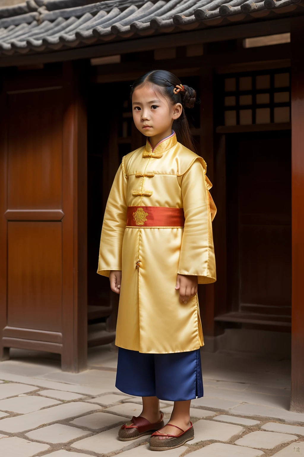 China, 1469. A little ((((8-year-old)) Tan Yunxian)), standing in a patio, ((sad expression)), ((((chinese clothings from the 1460s)))), ((hairstyle of the 1460s)), ((colorful))