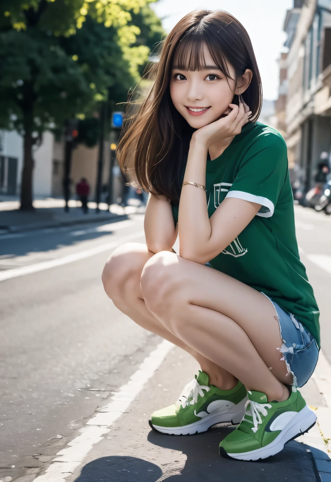 (masterpiece, best quality:1.1), (8k, raw photo, photo realistic:1.2, f22), (shiny skin), detailed skin,long hair,ribbon,detailed face, detailed eyes,smile,BREAK, real world, intricate details, smil, BREAK, 1girl, full body,(green,short sleeve,sneakers),BREAK, (street:1.4)