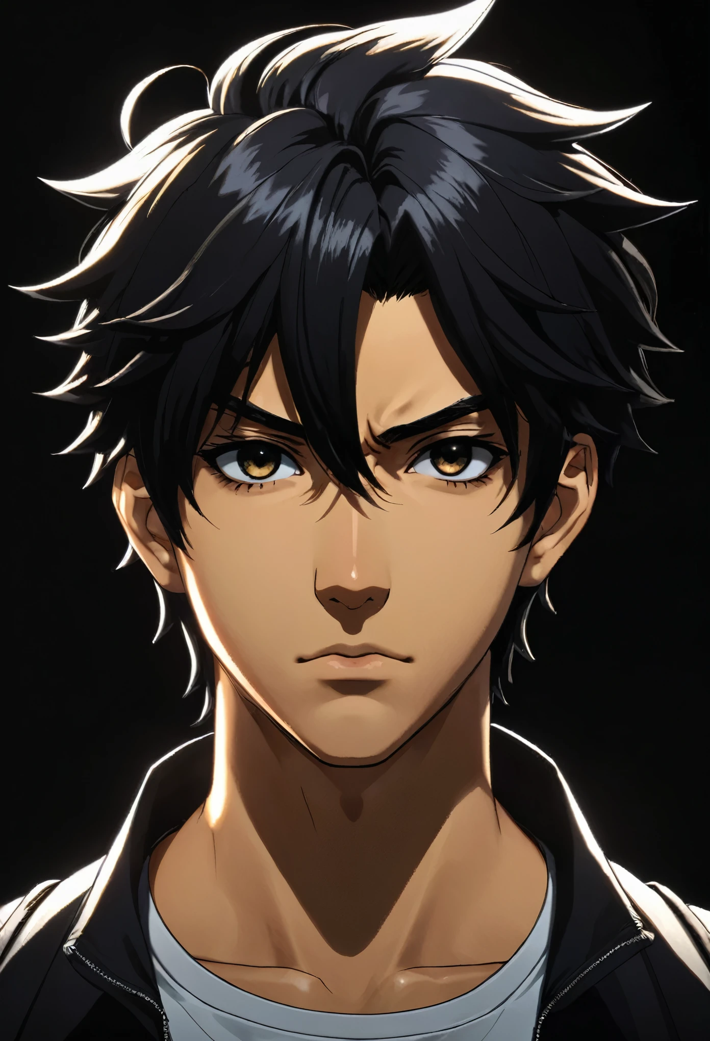Desenhe um personagem de anime jovem e moreno com cabelos curtos e espetados, vestindo um sobretudo preto, standing against a dark background, with a serious expression.