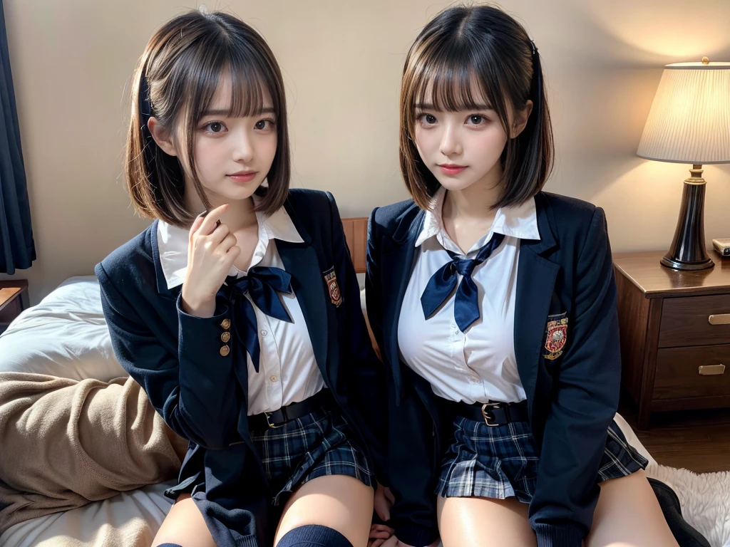 (8K, Raw photography, top-quality, ​masterpiece:1.2), master piece, best quality, illustration, Super detailed, fine details, High resolution, 8K,wall paper, perfect dynamic composition,(Details High quality, realistic depiction of eyes:1.3), ((2 girls, 2 schoolgirls)), The background is a luxury hotel room、High school girl uniform、blazer 、Super Short Check Uniform Skirt、Navy blue high socks、garterbelts、Colossal tits、Disturbed uniform, Play with each other,Touching each other's bodies,Touching the body of the girl next door, short bob hair, black hair color, huge breasts, Big Natural Color Lip, bold sexy pose, (perfect body shape), crying a little、cold gaze,  Beautiful makeup,glitter makeup,Cutest 18 years old, beautiful legs, hposing Gravure Idol, Voluptuous thighs