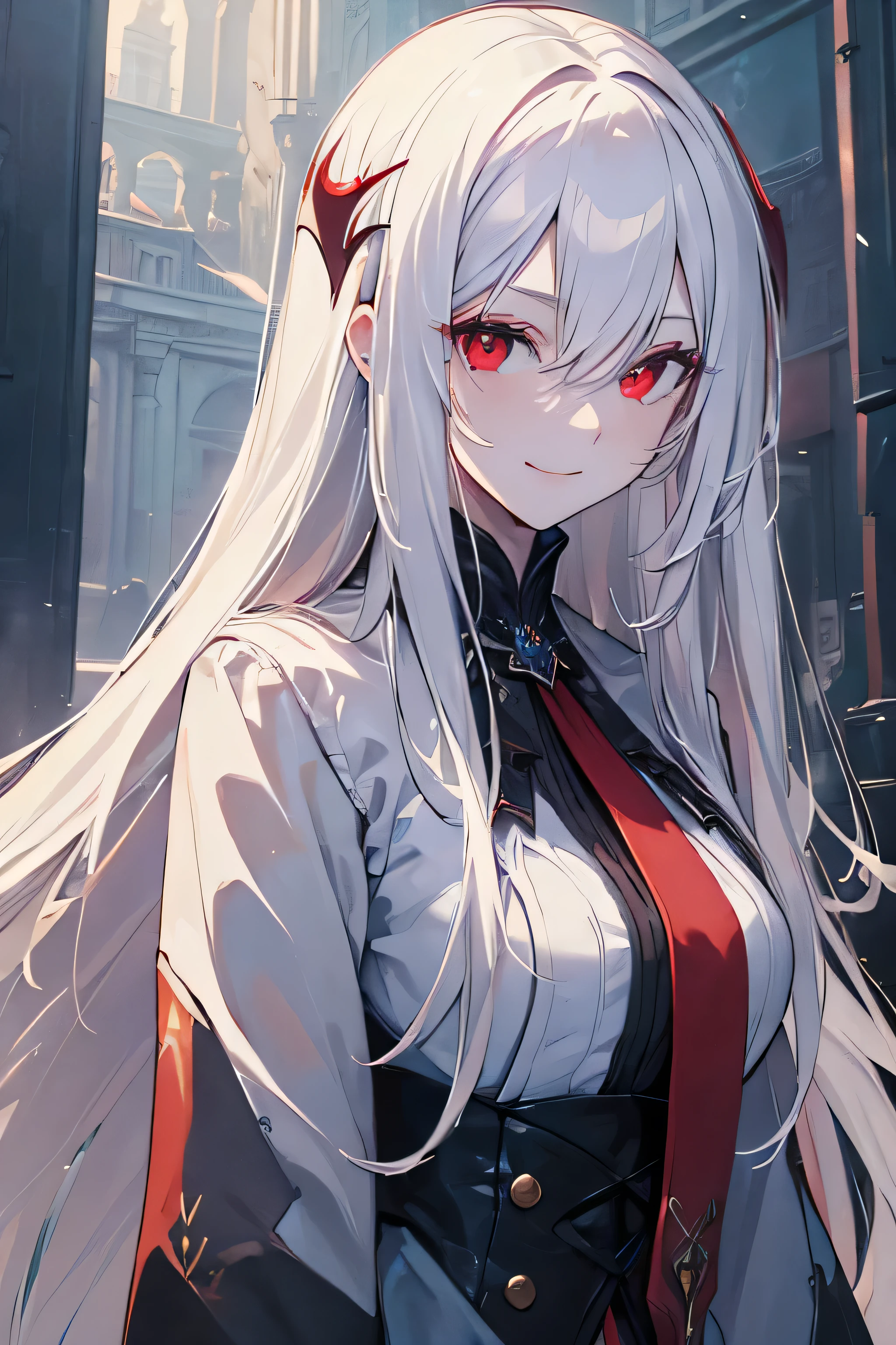 (masterpiece:1.4), (best quality:1.4), very detailed, convoluted, very detailed, (perfect face), illustration,cold lighting, saturated_body,red eyes,white long straight hair,,White skin,vampire,smiling face,