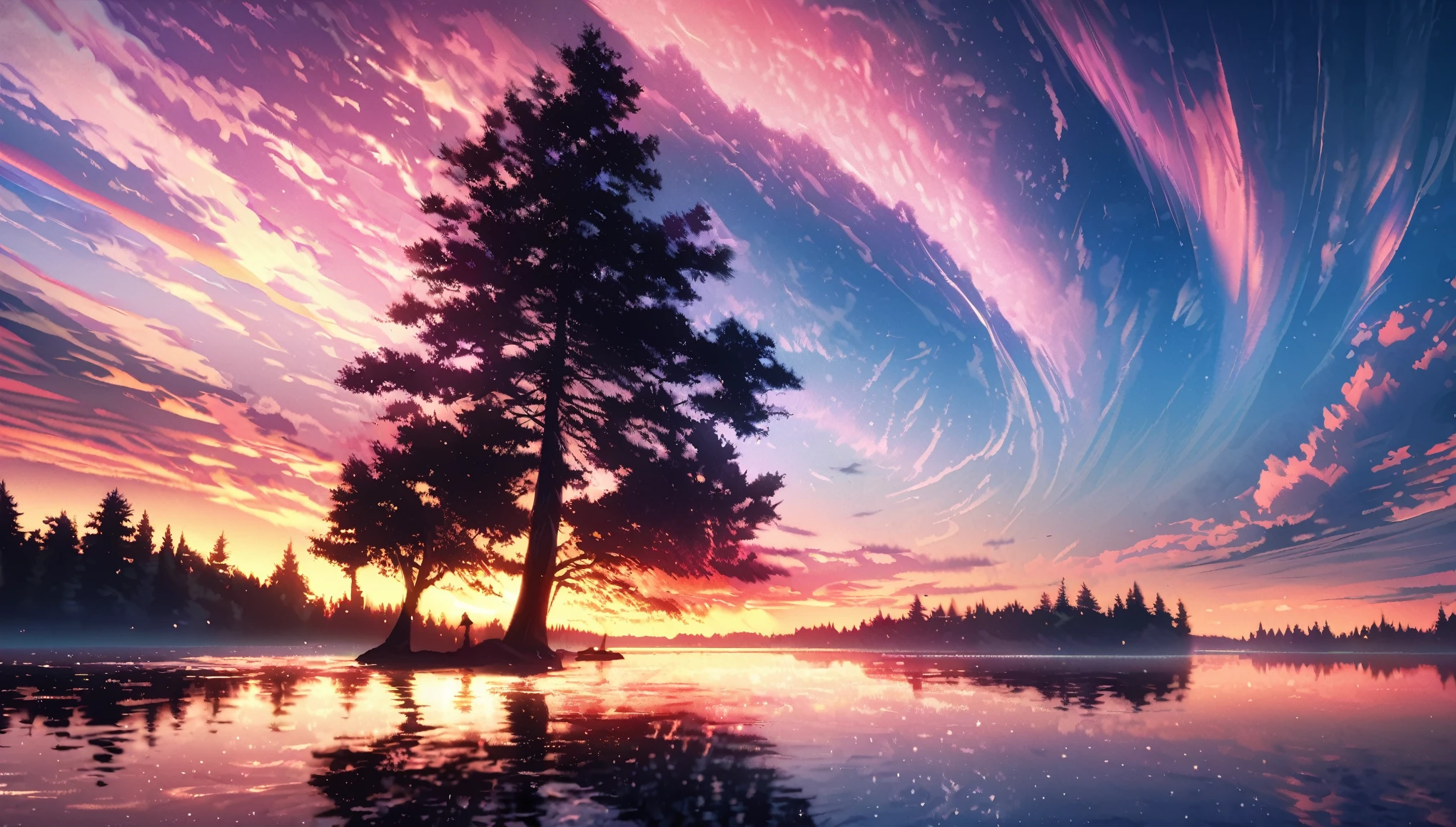 there is a beautiful sunset with a lake and trees in the background, dreamy sunset, crystal clear reflection of the sky and trees, stunning sky, dream like atmosphere, 8k, crisp reflection on lake, surreal sky, beautiful sky, beautiful and spectacular dusk, beautiful dreamy landscape, amazing sky