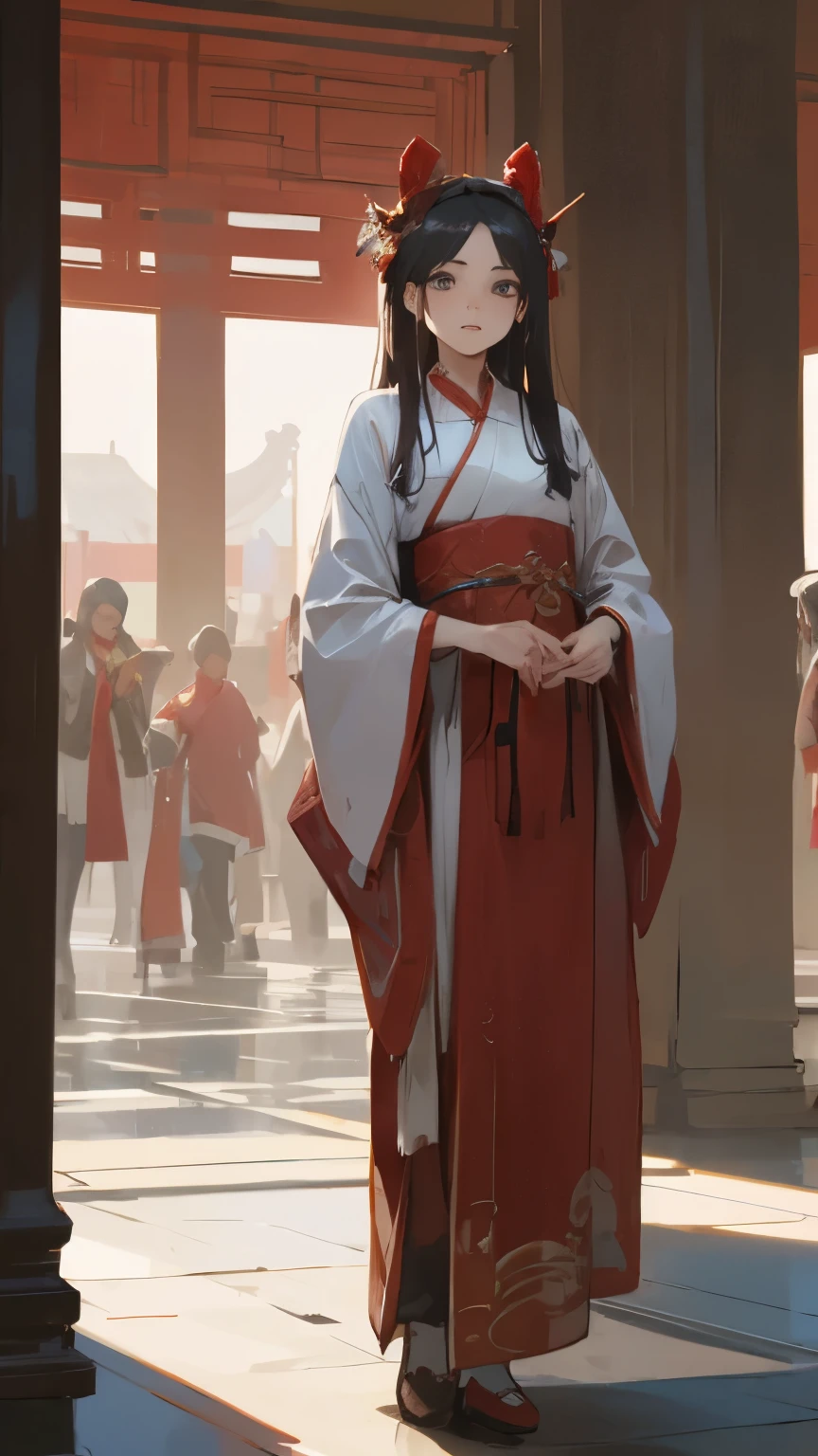 A 19-year-old beautiful girl with long hair，Wearing a red phoenix robe, an ancient Chinese costume，Standing in the palace