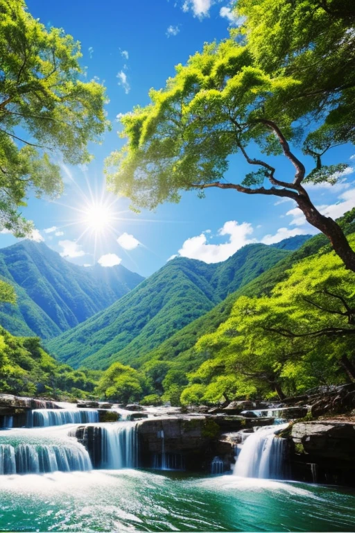 緑wealthy森、Bark Texture、The leaves are lush、wealthy、Blue sky and white clouds、And the sun was shining bright、A tall mountain々flowing water、High-resolution details、Hyper Detail、Soft Light、Real World Scenario、Deep focus bokeh、Ray Tracing and Surrealism。