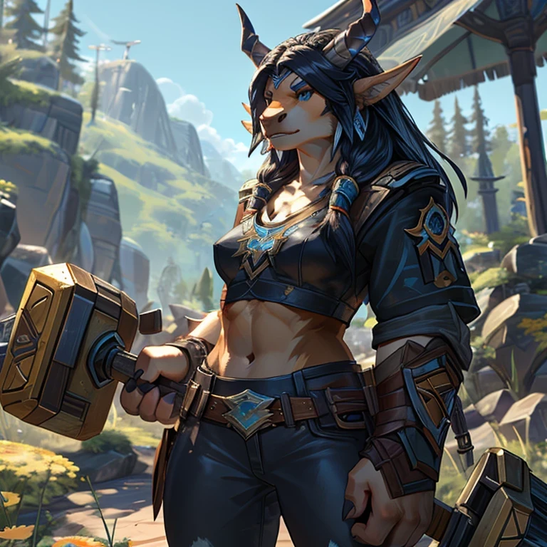 teen, minotauren, tauren, world_of_warcraft, female, girl, 1girl, simple_leather_clothing, 2horns, 3fingers, anthro, hammer, hammer_in_right_hand, standing, bare_Midriff, midriff_top, full_body, nature_background, small_breasts,