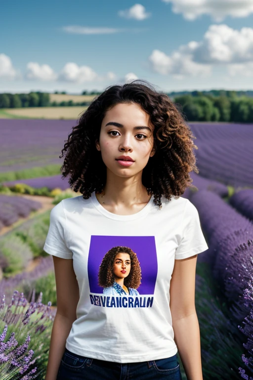 photo de magnifique (jour:0.99), a beautiful mixed race woman, Perfect curly hair, (cheveux au vent), (photo moderne), (American Navy Graphic T-Shirt), objectif 85 mm, ouverture f16, (analogique, cinematic, Grains de films:1.3), (Un tranquille, sunny field of wild lavender:1.2), detailed eyes, seductive pose, (epiCPhoto), (regarder le spectateur:1.1), collier, (cinematic shot:1.3), (natural lighting), PA7_Portrait-HL_v2, colored
