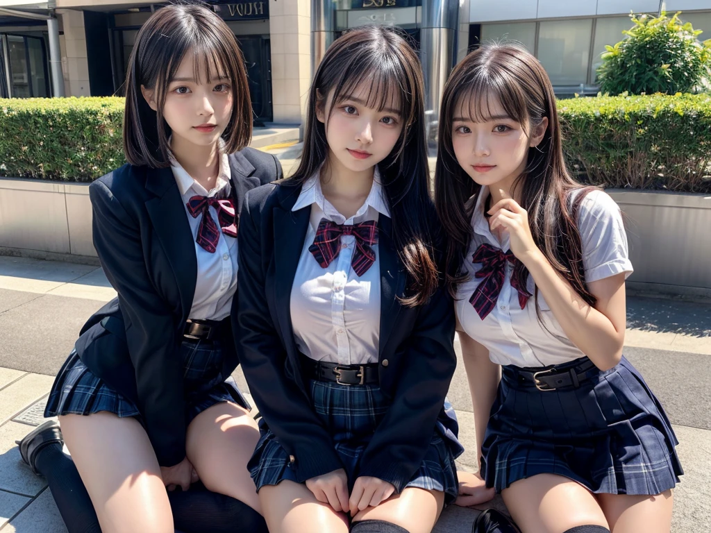 (8K, Raw photography, top-quality, ​masterpiece:1.2), master piece, best quality, illustration, Super detailed, fine details, High resolution, 8K,wall paper, perfect dynamic composition,(Details High quality, realistic depiction of eyes:1.3), ((2 girls, 2 schoolgirls)), The background is a luxury hotel room、High school girl uniform、blazer 、Super Short Check Uniform Skirt、Navy blue high socks、garterbelts、Colossal tits、Disturbed uniform, Play with each other,Touching each other's bodies,Touching the body of the girl next door, short bob hair, black hair color, huge breasts, Big Natural Color Lip, bold sexy pose, (perfect body shape), crying a little、cold gaze,  Beautiful makeup,glitter makeup,Cutest 18 years old, beautiful legs, hposing Gravure Idol, Voluptuous thighs