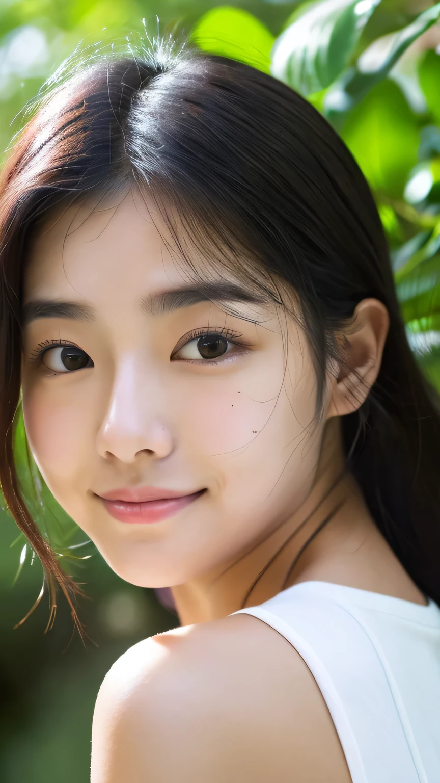 masterpiece High resolution Female student Delicate face Thick eyebrows Sunken eyelids very cute natural atmosphere boyish 20-year-old Shortcuts Dimples Mole Tanuki face Tank top Please open your mouth wide Making fun of them