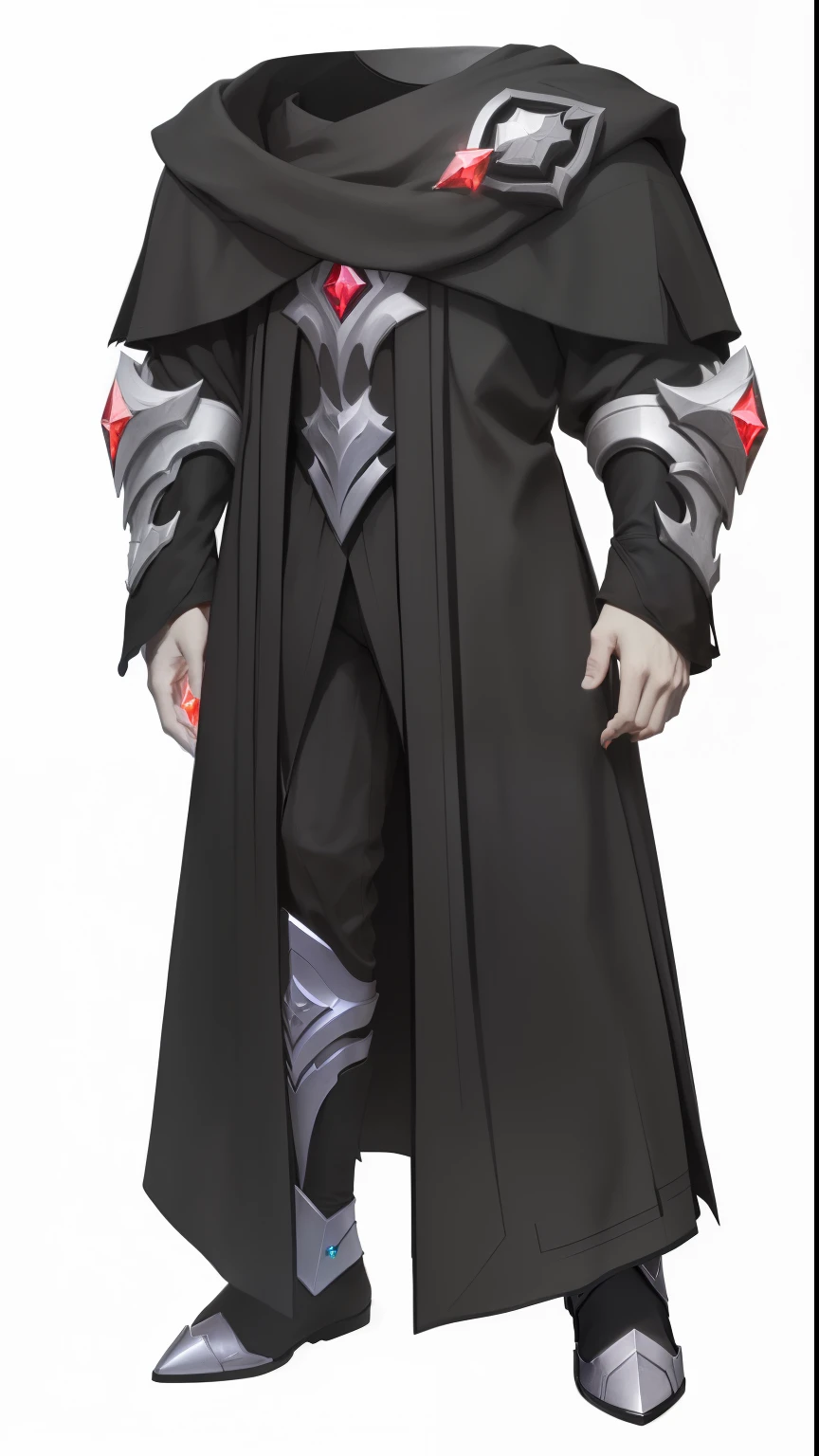 A black fighter，Red crystal gemstones，silvery metal，Pleated detailing，Pattern details，Fabric texture，silvery，robe，League of Legends ，Whole body concept, , noble elf male in black robe， Extremely high detail，Metallic luster，4K，High precision