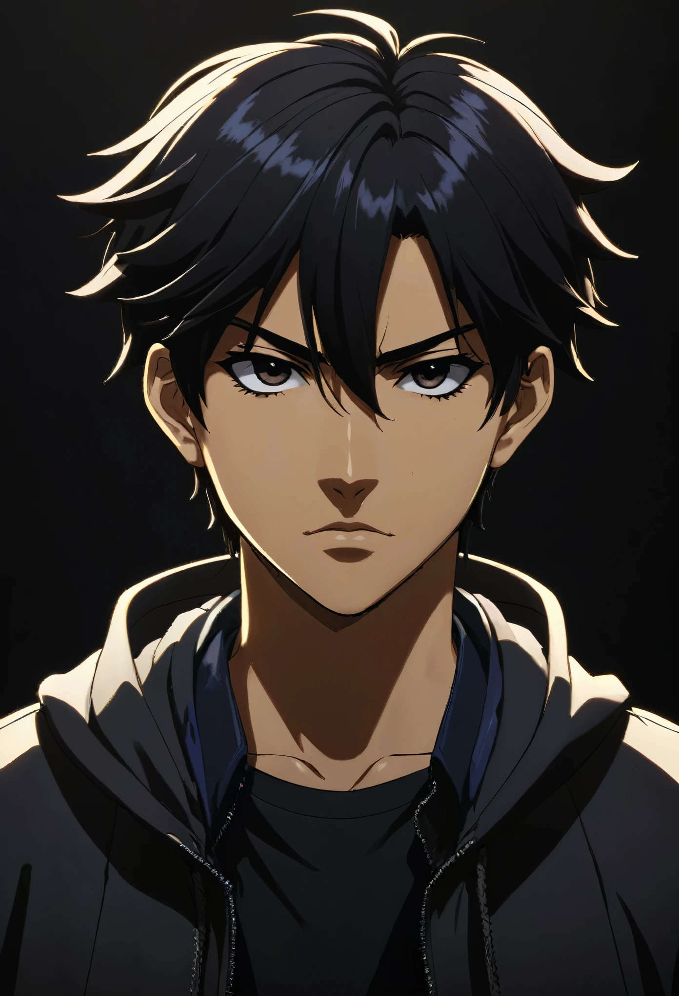 Desenhe um personagem de anime jovem moreno com cabelos curtos e espetados, vestindo um sobretudo preto, standing against a dark background, with a serious expression.
