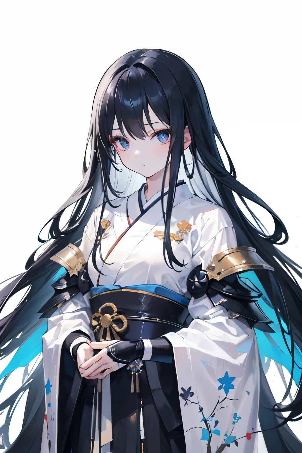 girl,Long Black Hair, The inside of the hair is blue、White kimono、masterpiece, highest quality, Super detailed, Downcast eyes,Tabletop, highest quality), (Perfect athletic body:1.2),8K High Resolution, Trend Art Station, White Background, Standing in the Wilderness,whole body、Crow-shaped gauntlets、Small breasts