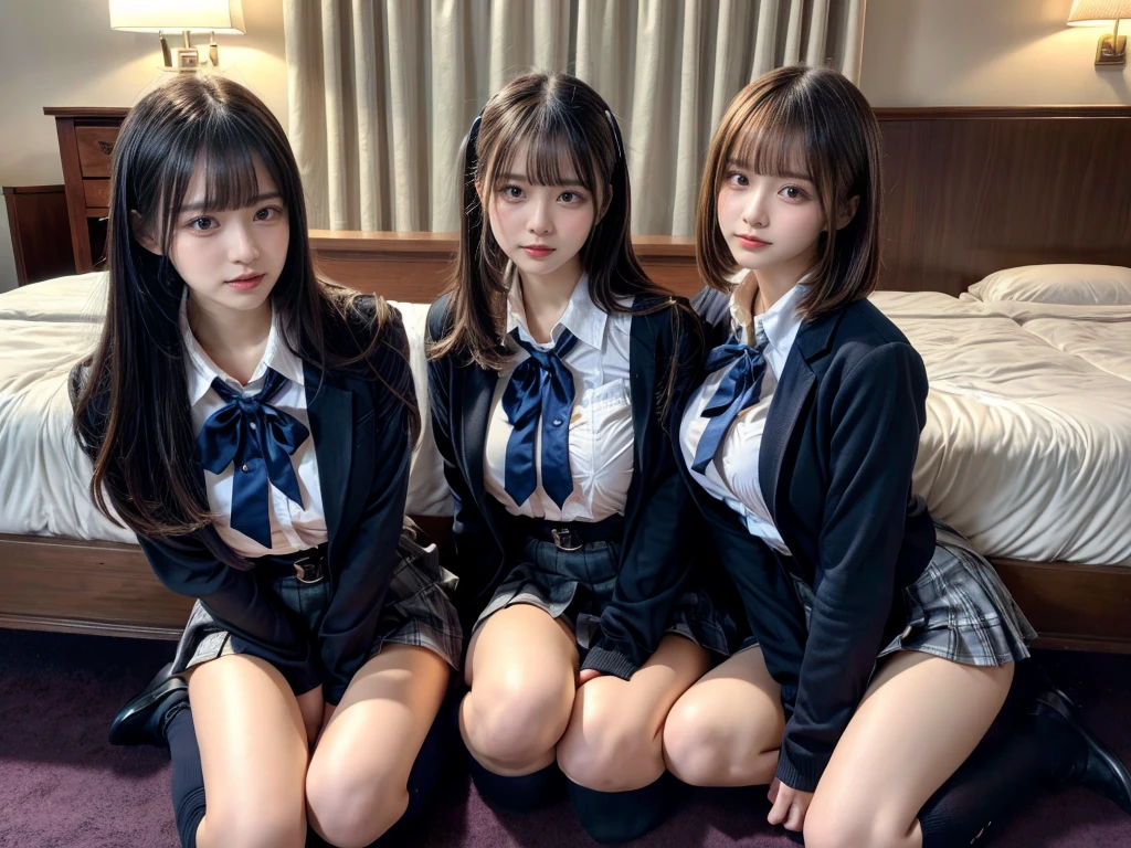 (8K, Raw photography, top-quality, ​masterpiece:1.2), master piece, best quality, illustration, Super detailed, fine details, High resolution, 8K,wall paper, perfect dynamic composition,(Details High quality, realistic depiction of eyes:1.3), ((2 girls, 2 girls)), The background is a luxury hotel room、High school girl uniform、blazer 、Super Short Check Uniform Skirt、Navy blue high socks、garterbelts、Colossal tits、Disturbed uniform, Play with each other,Touching each other's bodies,Touching the body of the girl next door, short bob hair, black hair color, huge breasts, Big Natural Color Lip, bold sexy pose, (perfect body shape), crying a little、cold gaze,  Beautiful makeup,glitter makeup,Cutest 18 years old, beautiful legs, hposing Gravure Idol, Voluptuous thighs