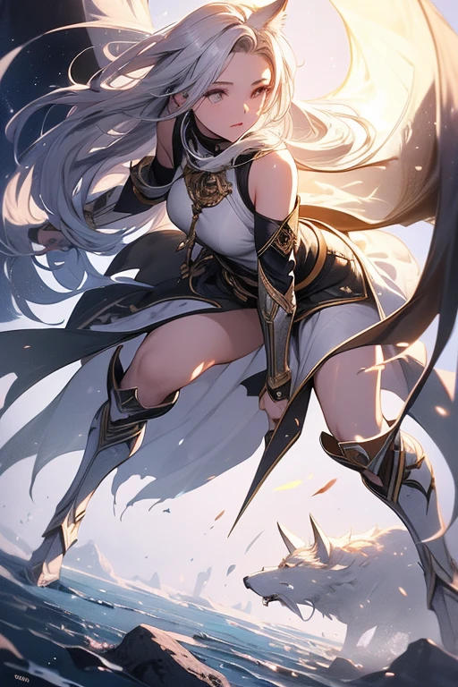 ((masterpiece, highest quality)),Ultra-high resolution, (realism: 1.4),Best illustrations,Line art,Very condensed adult female,Female warrior fighting the enemy,Delicate and beautiful features,Long, narrow eyes,Sharp face,A white coat with extremely detailed wrinkles,Silver Hair,Wolf ears,Fantasy,The background is a full moon and wilderness,wide aperture,Unreal 5,Scattered beneath the surface,Anatomically correct,Low angle full body shot