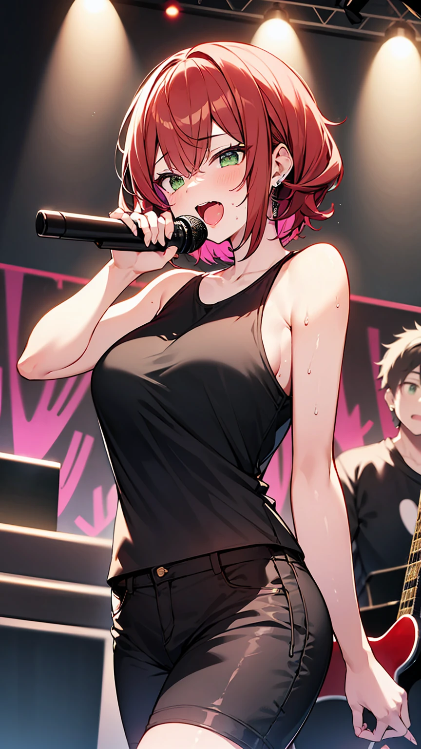 highest quality、4k、masterpiece、Red Hair、short hair、Slanted Eyes、Green Eyes、Black camisole、Large breasts、Short pants、Electric guitar、live house、Beautiful stage、Neon Light、Sweating、Wink、Singing desperately、Mouth open、Mike stand