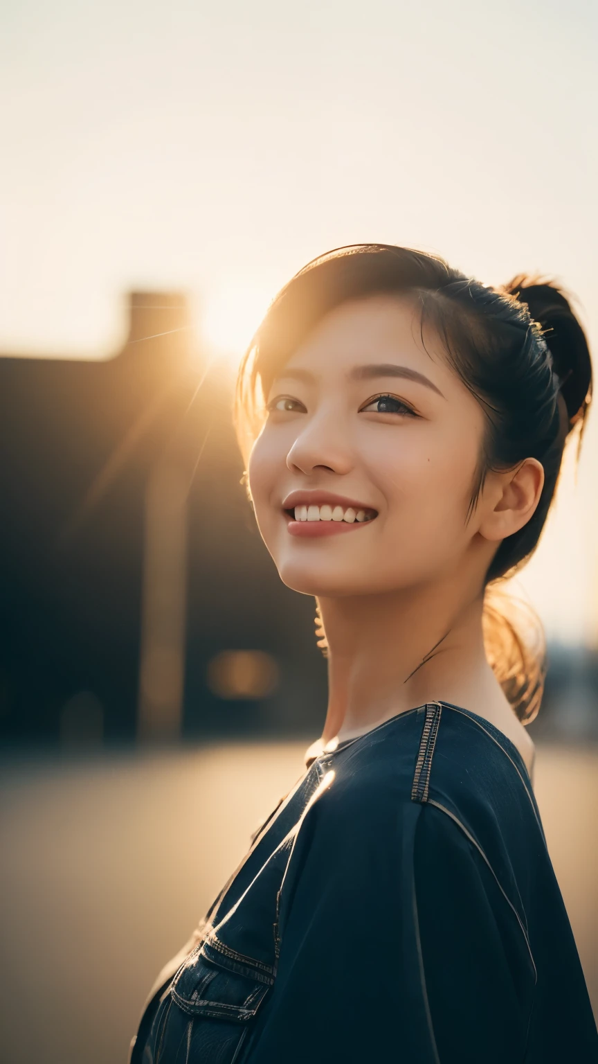 (best quality,masterpiece:1.3,Ultra-high resolution),(Very detailed,Caustic lines,8K),(Practical:1.4,RAW Shooting),1 girl,(Smile and look down at the camera),(front Photo:1.1),(Expectations),18 years old,Lovely,Japanese,Short black ponytail,,Glamorous,(Large target ),( closure),street,Sunlight,Natural light,Sunlight,professional writing,(Cowboy shooting),(Low:1.3),(Low Angle:1.3)
