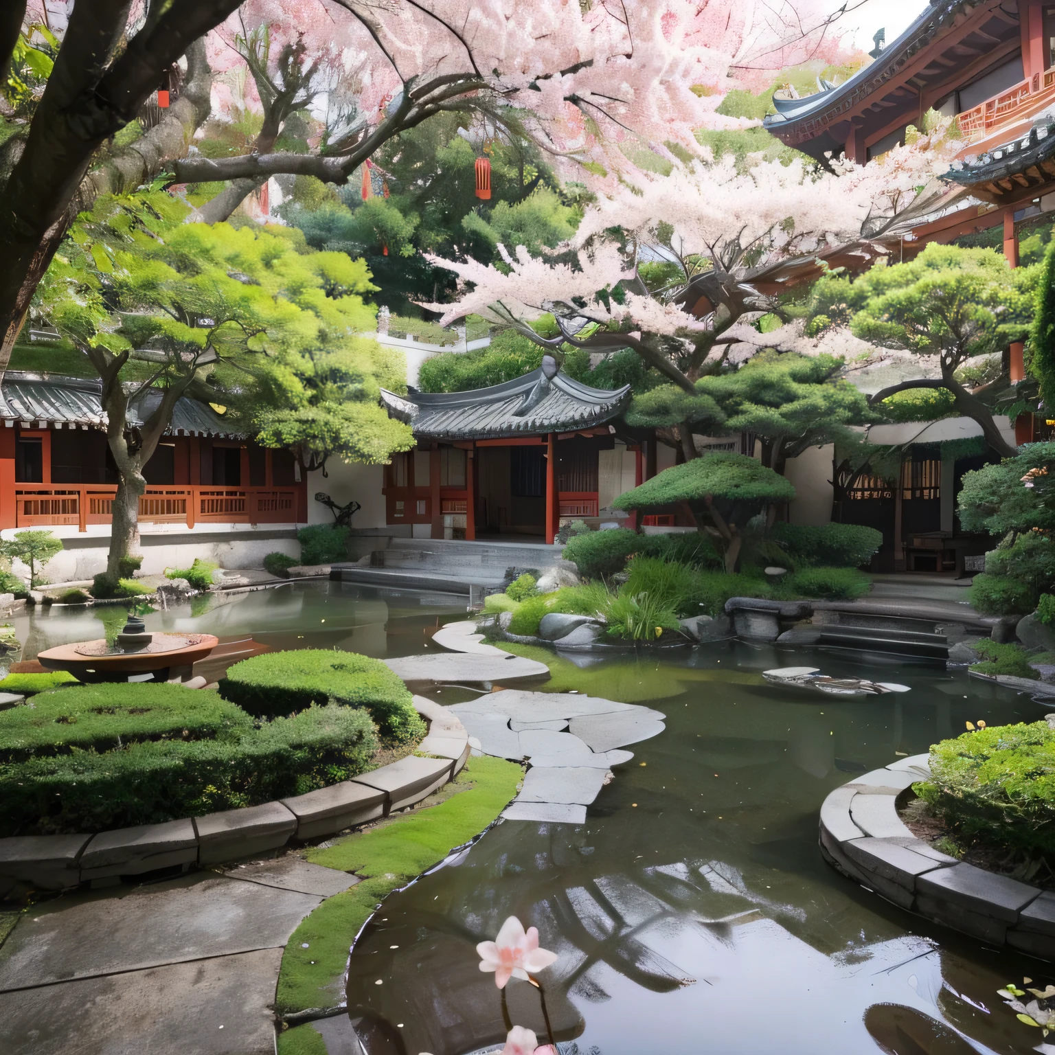 designed by John Closterman, overcast sky, faint mist, high altitude view, Concept art, In the lush Chinese garden, a peaceful forest is alive with the chirping of birds and the rustling of cherry blossoms, the air is misty, and the whole Chinese garden is drenched in a fine rain with its buildings, plants and trees. A group of trees, in spring, Cosy, Cartelcore, Depth of field 270mm