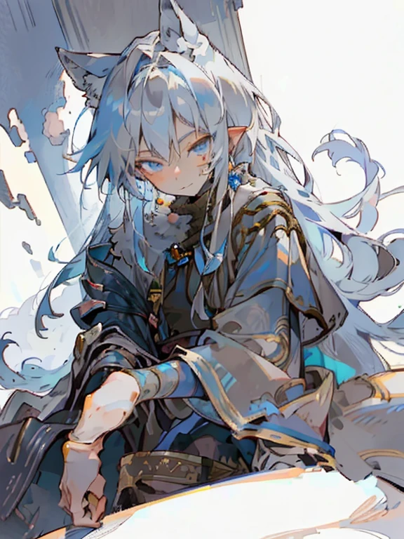 masterpiece,best quality,Extremely detailed,high resolution,Very detailed,Solitary,fantasy,Wolf Orc,Boys,20-year-old Boys,(Direct, long hair),blue eyes,cute face,hairy,blue gray fur,Fluffy neck hair,(Expedition Clothing, Brown), barefoot, Extremely detailed fur,( Five fingers), Overview, external, village,