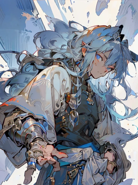 masterpiece,best quality,Extremely detailed,high resolution,Very detailed,Solitary,fantasy,Wolf Orc,Boys,20-year-old Boys,(Direct, long hair),blue eyes,cute face,hairy,blue gray fur,Fluffy neck hair,(Expedition Clothing, Brown), barefoot, Extremely detailed fur,( Five fingers), Overview, external, village,