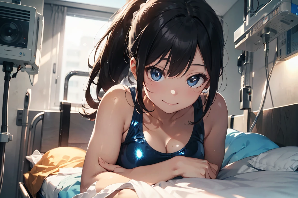 (High quality, High resolution, Fine details), Realistic, (Tiger print cat ear bikini), Bedroom, (on all fours), solo, Curvy women, black hair, sparkling eyes, (Detailed eyes), smile, blush, Sweat, Oily skin, Shallow depth of field