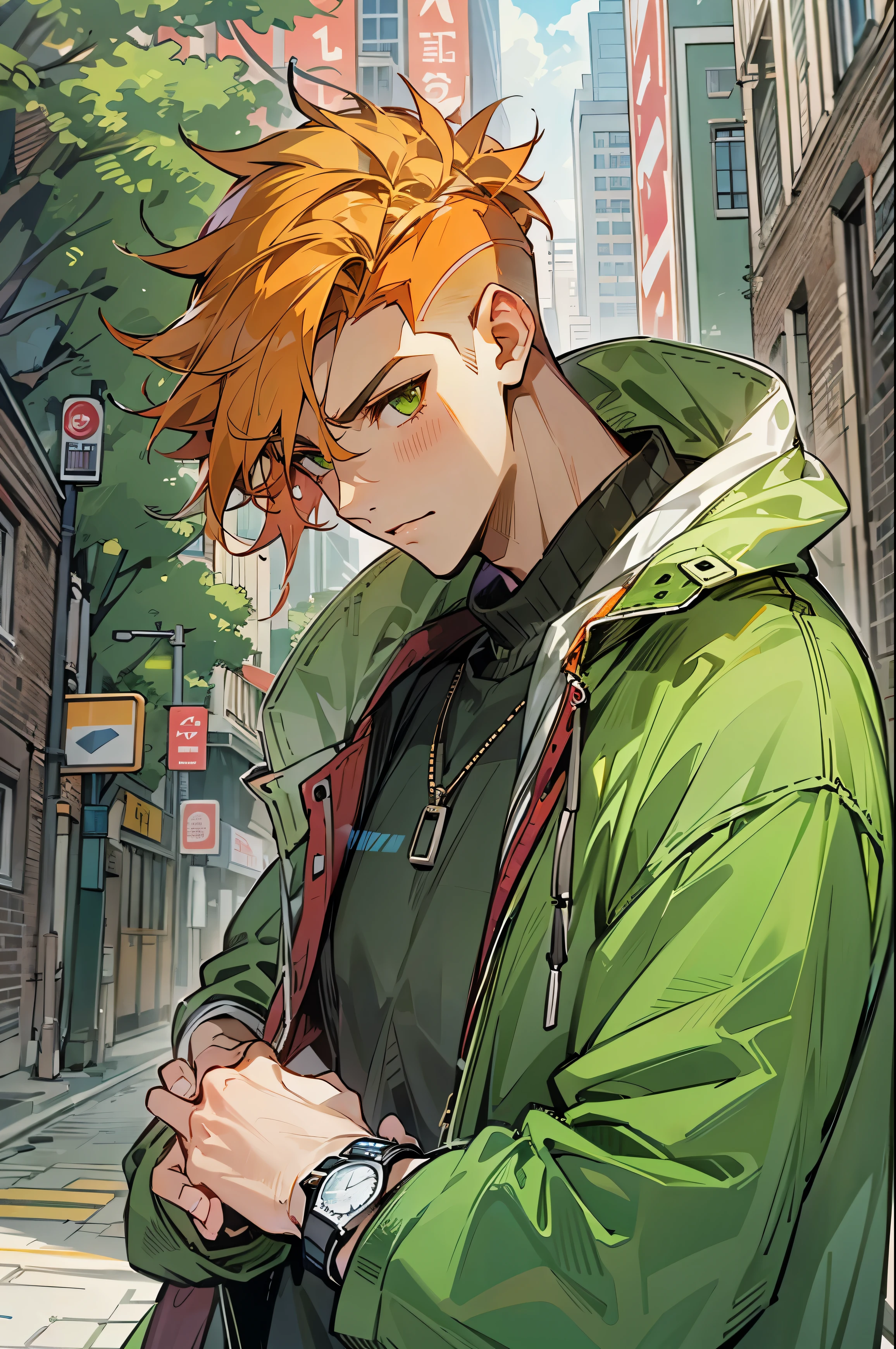 1male, Teen, Amber Orange Hair, Short Hair, Undercut Hair, Green Eyes, Green Jacket, Watch, City, Walking on Path, Serious