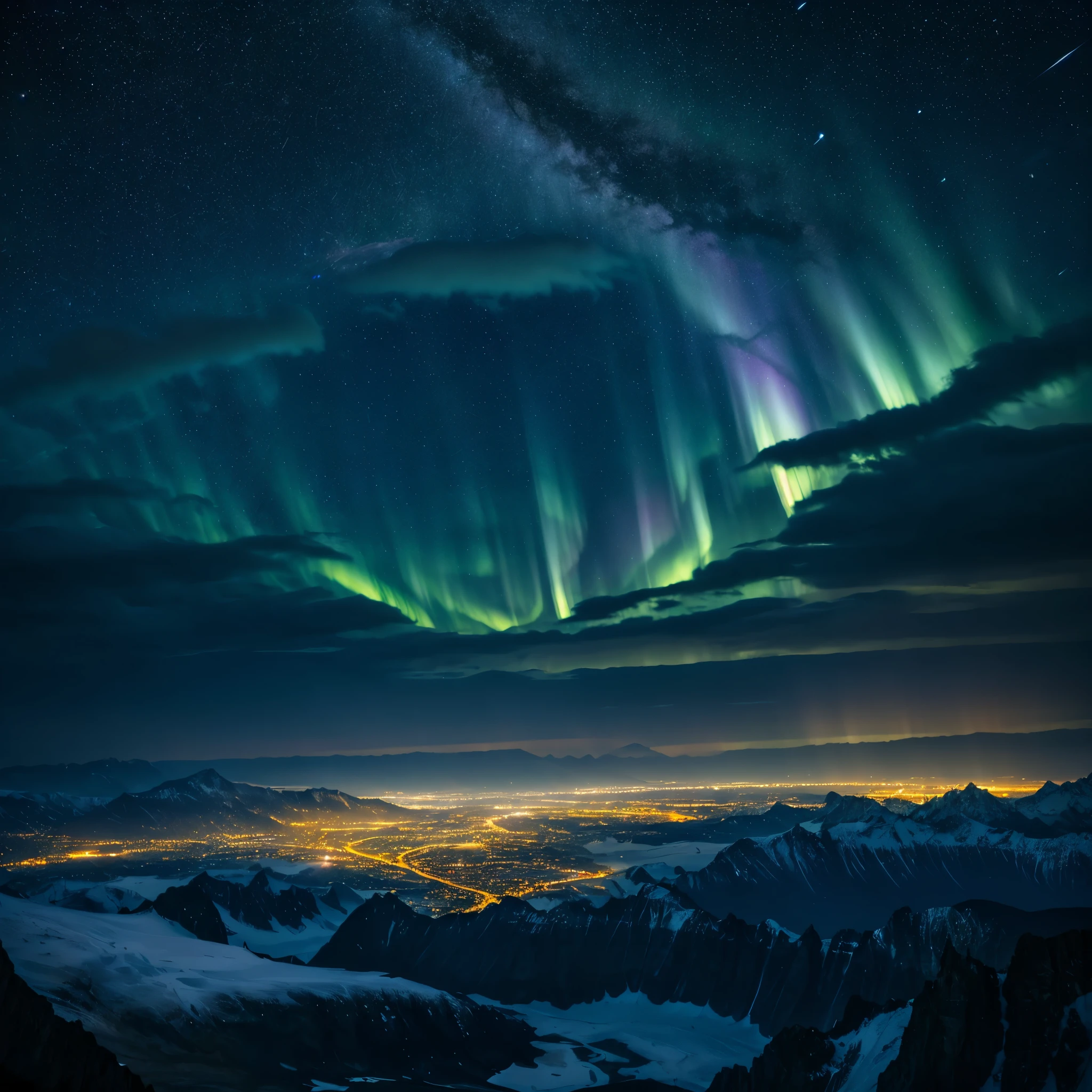 “A vast night sky filled with shining stars, with mystical auroras shimmering. An angel with transparent wings ascends to the heavens. The angel’s robes glow white, appearing almost like pure light. In the background, mysterious mountains and a serene lake stretch out in the distance.”