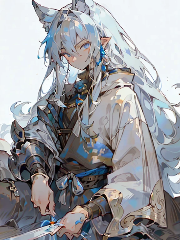 masterpiece,best quality,Extremely detailed,high resolution,Very detailed,Solitary,fantasy,Wolf Orc,Boys,20-year-old Boys,(Direct, long hair),blue eyes,Handsome face,hairy,blue gray fur,Fluffy neck hair,(Expedition Clothing, Brown), barefoot, Extremely detailed fur,( Five fingers), Overview, external, village,