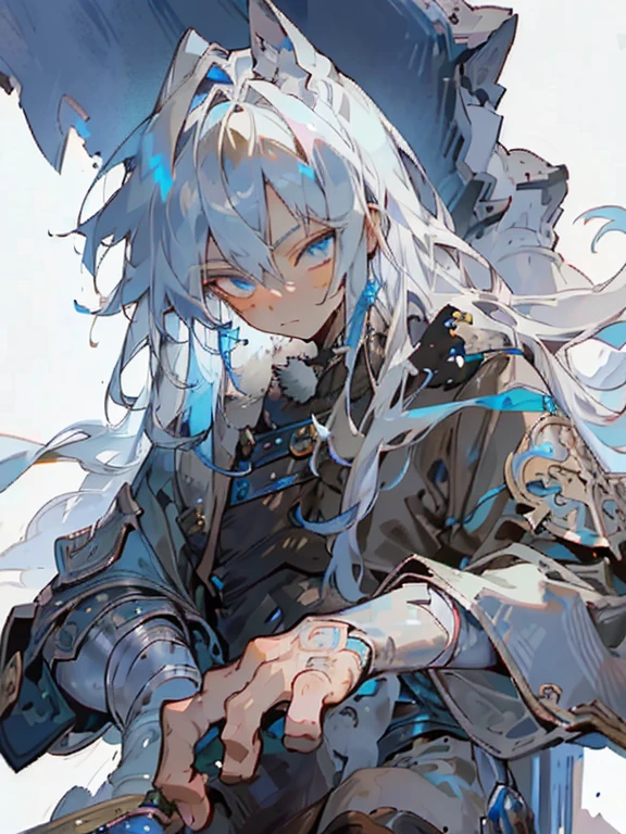 masterpiece,best quality,Extremely detailed,high resolution,Very detailed,Solitary,fantasy,Wolf Orc,Boys,20-year-old Boys,(Direct, long hair),blue eyes,Handsome face,hairy,blue gray fur,Fluffy neck hair,(Expedition Clothing, Brown), barefoot, Extremely detailed fur,( Five fingers), Overview, external, village,