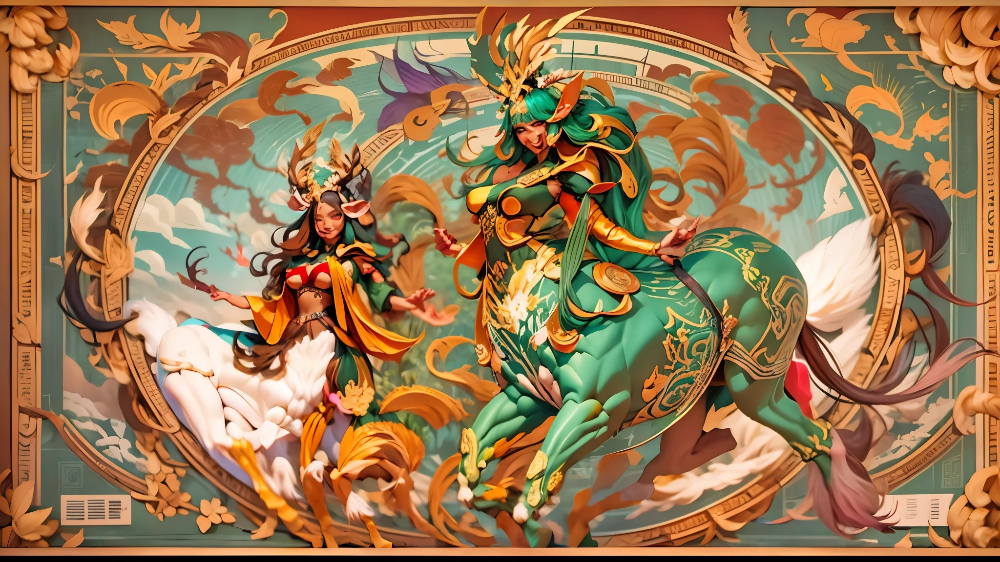 In the beautiful illustration of this super-grand scene，The ultra-distant lens shows us（More than eight distinctive and beautiful Centaur characters：2.7），Their personality、Distinctive and vivid features。from（A radiant, angelic, snow-white centaur from heaven：1.1），arrive（Nightmare-like fiery red centaur surrounded by flames：1.1）、再arrive（Green Centaur, the wind fairy dancing in the air：1.1）、再arrive有（One-horned blue centaur surrounded by lightning：1.1），arrive（A mechanical-style mecha Centaur shining with metallic light：1.1）、再arrive（A powerful dragon-shaped centaur wearing colorful dragon scale leather：1.1）、再arrive（A slender elven centaur that is graceful and agile：1.1）Gracefully wears a flower crown、arrive（Enchanting and charming Tiflin centaurs：1.1）、再arrive（A succubus centaur with an indescribably sexy feeling：1.1）。Each Centaur character fully demonstrates his unique style。The illustration uses advanced artistic techniques and tools，Use nesting、Weaving、Splicing、perspective、interlude、Montage and other artistic techniques，Divide the scene into sections by geometric arrangement，Each part corresponds to a role，from而更有效地利用了空间，Make eight centaurs exist in one picture at the same time，（The style tends to be grotesque、Hayao Miyazaki、Aesthetic、indescribable：3.3）。Through Midjourney's advanced brush tools、Color palette、Material packs和模型包、Texture tools，For each centaur, beautiful props are designed to increase racial characteristics、Clothing and physical features，Enhances the character's personality and visual appeal，（Stunning landscapes in illustrations，There are changing skies、rainbow、aurora、Stars and Moon，Incorporating iconic landmarks such as Mount Everest，and fireworks、Tranquil Lake、Natural and urban elements of waves and neon lights，Creates a magical atmosphere：1.5），Centaurs demonstrate their unique abilities and equipment in a variety of environments，This is true even in extreme alien landscapes。Use Midjourney's tools、Material packs、Texture tools、The color palette makes depicting details vivid and realistic，from复杂的发型和以及不同的种族特质、Body、Appearance features、服装arrive真实的纹理，Greatly improved the realism of the Centaurs and their surroundings，The fusion of multiple art styles adds dynamism to the character&#39;s movement at all angles，The overall visual experience is further enriched。The final illustration was described as a "masterpiece"，It has the characteristics of "best quality" and "realistic"，The details put into the creative process are shown、Level of creativity and craftsmanship。 hdr，（Reality，Masterpiece quality，Best quality）