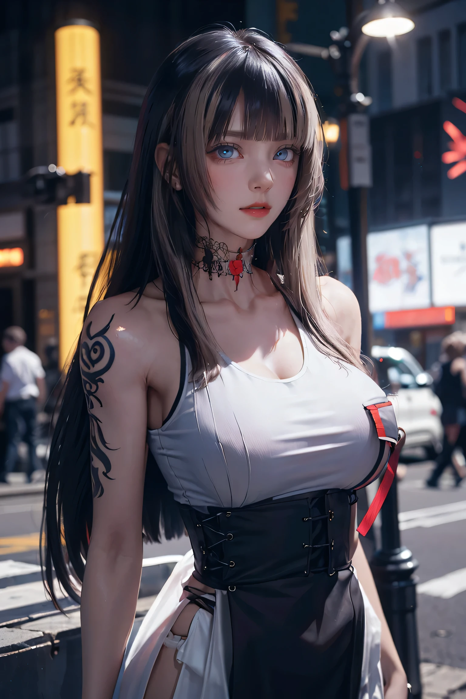 Beautiful female college student in the city，masterpiece，light makeup，Red Lip，Silver Hair，Disheveled long hair，Street Background，Grace，grace。Ultra-fine detailasterpieces，Authentic texture，Realism in film lighting，Perfect piece，8k，KHD，Delicate facial features，White training wear，Slim figure，Big bright eyes，Smooth skin，ear discharge，Choker Necklace,(((He has many tattoos all over his body)), (((Tight waist))), ((Big Breasts)),(See-through)，panties