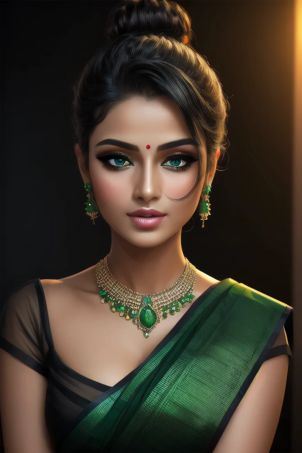 (best quality, highres, ultra-detailed), beautiful detailed eyes, perfect lips, sexy, amazing portrait, messy bun, black hair, amazing makeup, intense blush, flustered, lustful, black blouse, sheer dark green saree, hot, vibrant colors, soft lighting