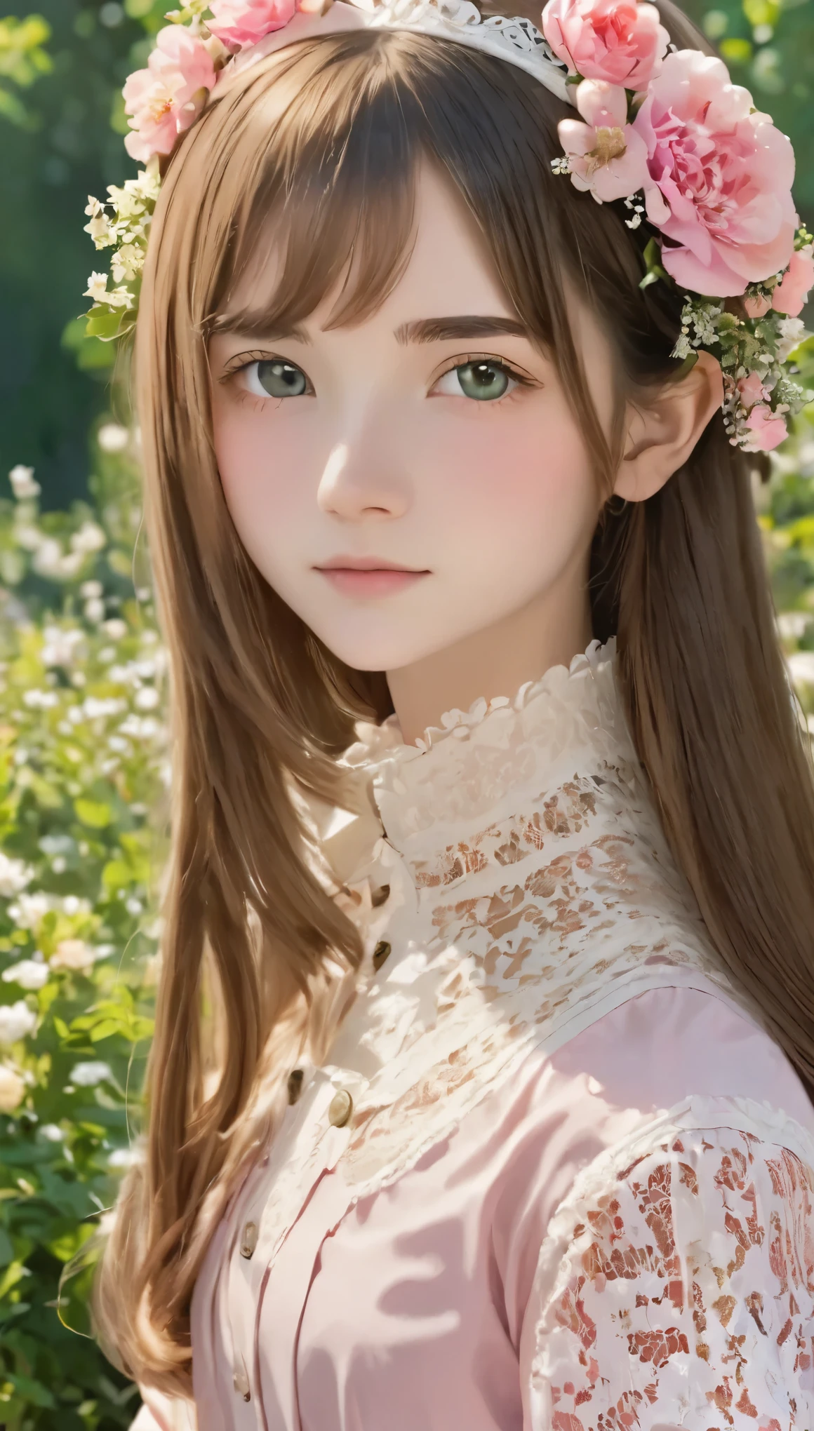 One girl, Beautiful girl, cute,Small breasts, Long, straight brown hair,uniform, Princess Pink Dress, Lace trim , Flowers, Portraiture, oil, Modern, Realistic proportions, Complex, Complex details, Sharp focus